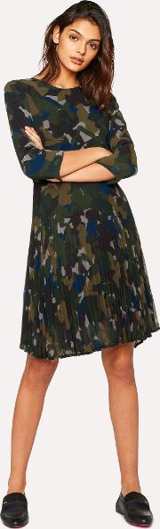 Women's Khaki Camouflage Dress With Pleated Skirt 