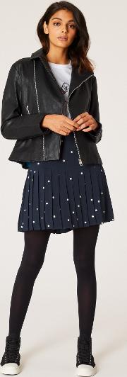 Women's Navy Polka Dot Pleated Skirt 