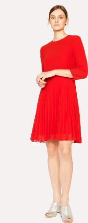 Women's Red Dress With Pleated Skirt 