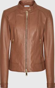 Fawn Collarless Leather Biker Jacket