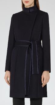 Lucille Womens Belted Wrap Coat In Blue