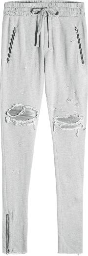 Distressed Cotton Sweatpants With Leather Patches