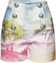 Printed Denim Shorts With Embossed Buttons