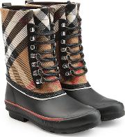 Rubber Rain Boots With Checked Fabric And Leather