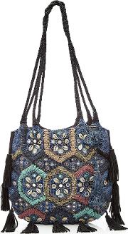 Embroidered And Embellished Tote Bag With Leather