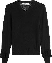 Wool V Neck Pullover With Ruffled Cuffs