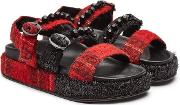 Tartan Leather Sandals With Crystal Embellishment