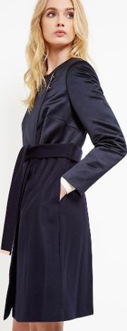 Collarless Belted Coat Navy