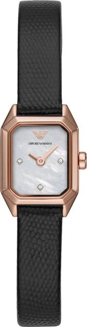 Ladies Rose Gold Plated Mother Of Pearl Octagonal Dial Black Leather Strap Watch Ar11248