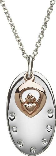 Silver Cubic Zirconia Oval Rose Claddagh Pendant H 40001