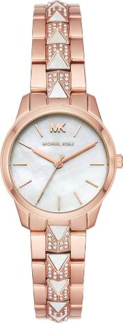 Ladies Runway Mercer Rose Gold Plated Mother Of Pearl Dial Crystal Set Bracelet Watch Mk6674