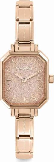 Classic Paris Pink Glitter Rectangular Dial Rose Gold Tone Bracelet Watch 076031025