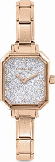 Classic Paris Silver Glitter Rectangular Dial Rose Gold Tone Bracelet Watch 076031023