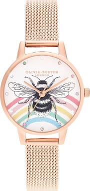 Illustrated Animals Rainbow Bee Rose Gold Mesh Strap Watch Ob16wl90