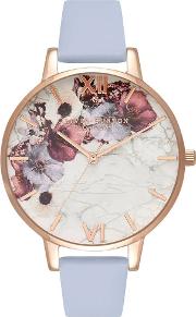 Marble Florals Rose Gold Plated Chalk Blue Leather Strap Watch Ob16mf10