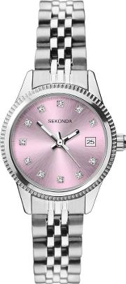Ladies Classic Stainless Steel Pink Stone Set Dial Bracelet Watch 2762