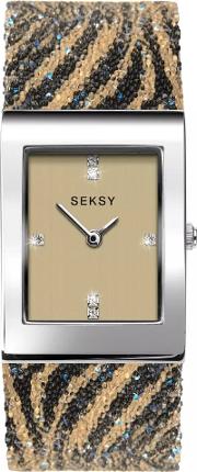 Ladies Seksy Rocks Stainless Steel Champagne Dial Glitter Zebra Bracelet Watch 2852