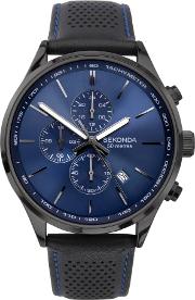 Mens Chronograph Blue Sunray Dial Black Leather Strap Watch 1773