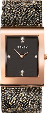 Seksy Rocks Ladies Rose Gold Plated Black Crystal Watch 2653
