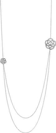 Silver Double Flower Long Necklace 3885zi80