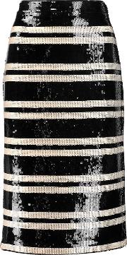 Alice Olivia Rue Striped Sequined Georgette Pencil Skirt Black 