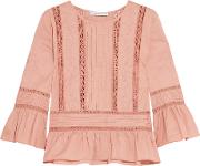 Crochet Trimmed Embroidered Cotton Top Antique Rose