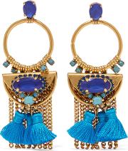 Tasseled Burnished Gold Plated Swarovski Crystal Earrings Blue