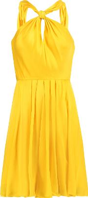 Gathered Pleated Silk Satin Mini Dress Yellow