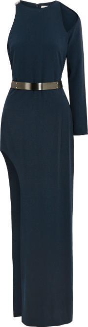 one shoulder cutout stretch crepe gown navy