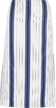 Striped Silk Twill Midi Skirt White