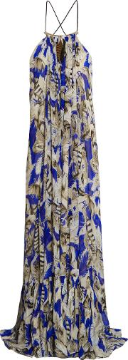 Printed Silk Chiffon Halterneck Gown Bright Blue