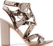 lace up snake effect leather sandals taupe