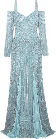 cold shoulder embellished silk bend lace gown 