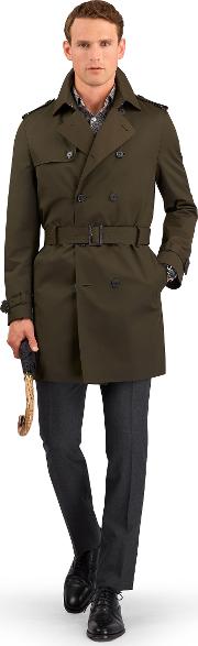 Asquith Slim Fit Trench Coat With Button Out Gilet In Olive Cotton Blend 