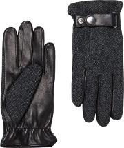 Black Tweed And Leather Gloves With Cashmere Lining 