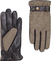 Brown Green Herringbone Tweed Cashmere Lined Gloves 