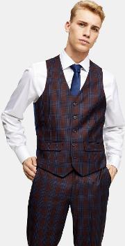 And Burgundy Check Slim Fit Suit Waistcoat