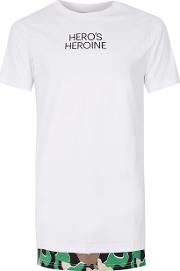 Mens Hero's Heroine White Camouflage Longline T Shirt 