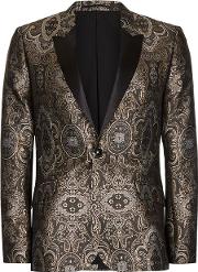 Gold Jacquard Contrast Lapel Skinny Fit Tuxedo Jacket