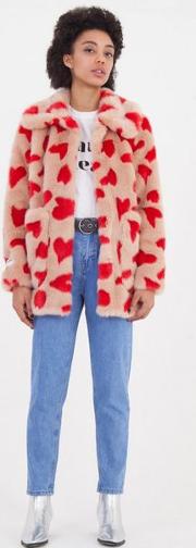 Fun Heart Print Luxe Faux Fur Jacket