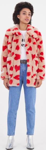 Fun Heart Print Luxe Faux Fur Jacket 