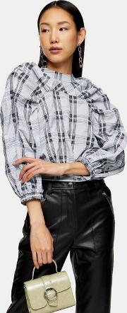 Black And White Check Tie Back Ruched Blouse