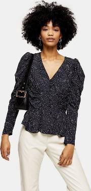 Black And White Star Puff Sleeve Blouse