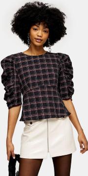 Black Check Tie Back Puff Sleeve Blouse