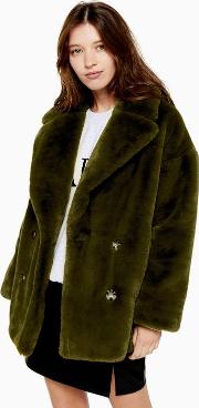 Khaki Faux Fur Double Breasted Coat