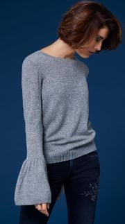 Crew Neck Sweater With Ruffle Sleeve In Cement 