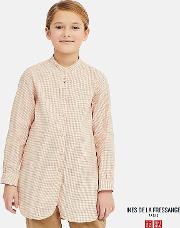 Girls Ines Linen Cotton Blend Checked Long Sleeved Tunic 