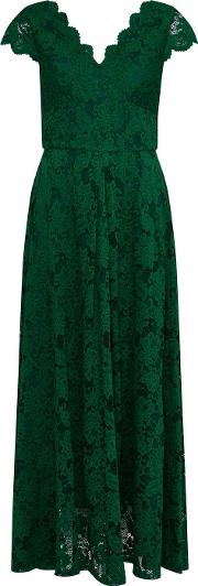 Jolie Moi Green V Neck Lace Maxi Dress 
