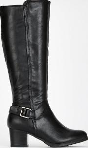 Black Faux Leather Buckle High Leg Boot 